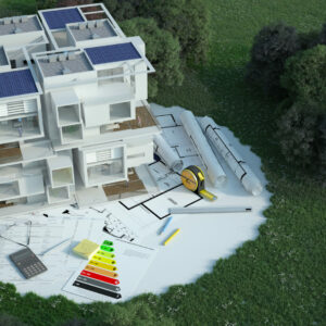 3D rendering  of a house with blueprints, energy charts and other documents in a field